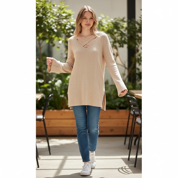 Free People Tops - Free People Crisscross V-Neck Tunic Sweater Beige Ribbed Longline Size M